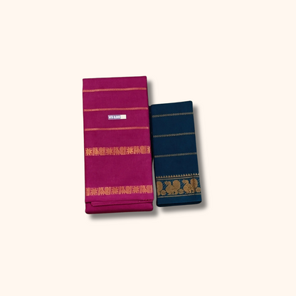 Magenta Cotton Saree with Gold Zari Stripes & Traditional Border – Navy Blue Blouse