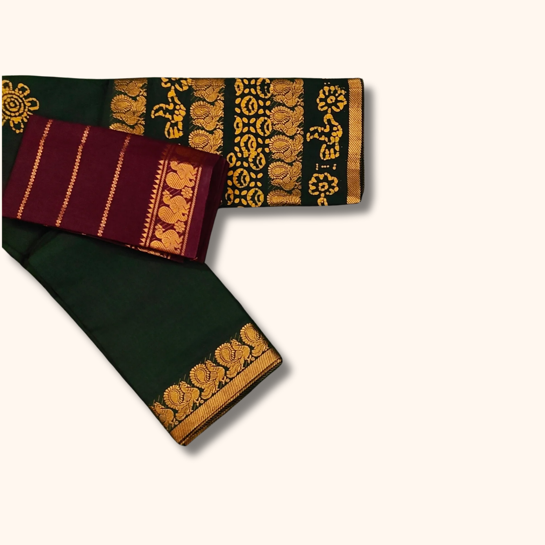 Dark Green Batik Cotton Saree with Maroon Separate Blouse Piece