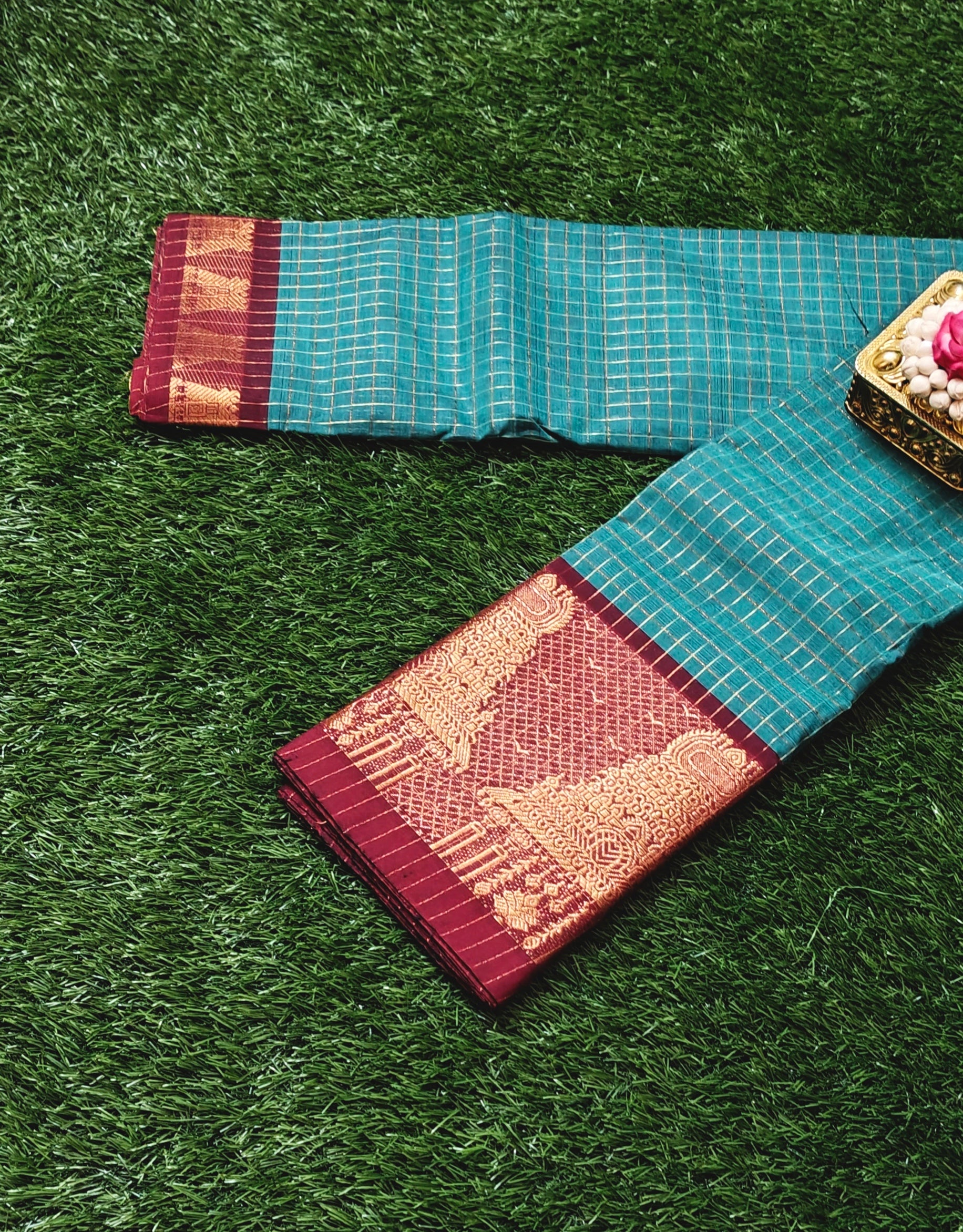 Teal Green Chettinad Cotton Saree with Meenakshi Gopuram Border