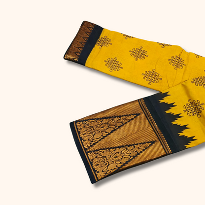 Mustard Yellow Kolam Sungudi Cotton Saree with Black Floral Temple Border