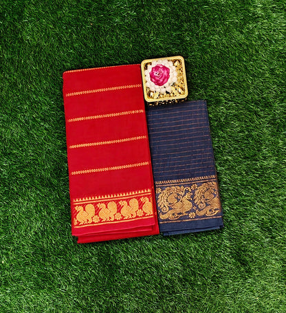 Bright Red Sungudi Cotton Saree with Zari Lines & Navy Blue Contrast Blouse Piece
