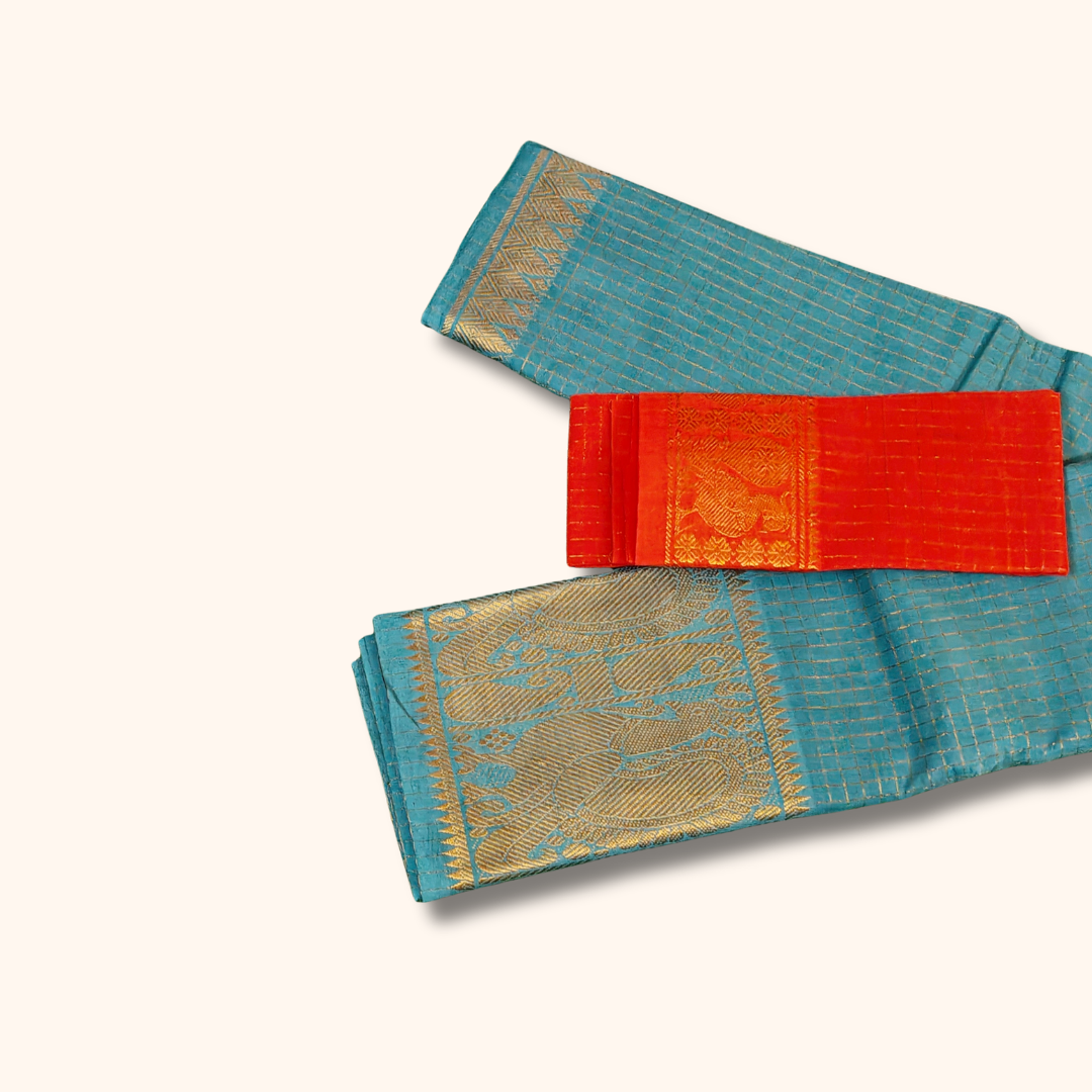 Turquoise Blue Sungudi Cotton Saree with Gold Zari Peacock Border