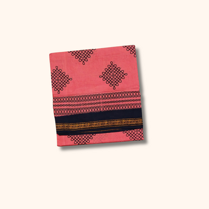 Coral Pink Kolam Design Sungudi Saree with Black Border – No Blouse