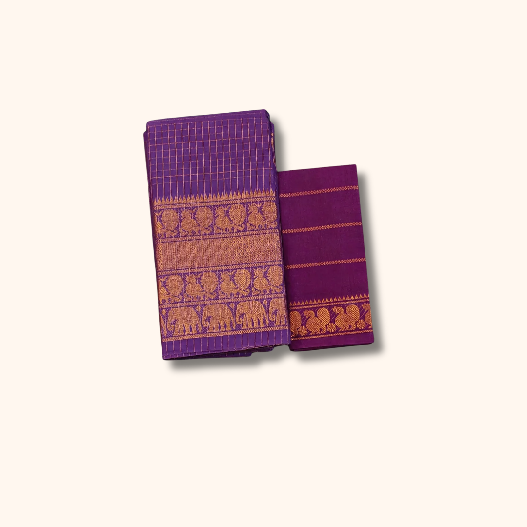 Royal Purple Sungudi Cotton Saree with Rich Gold Elephant & Peacock Zari Border