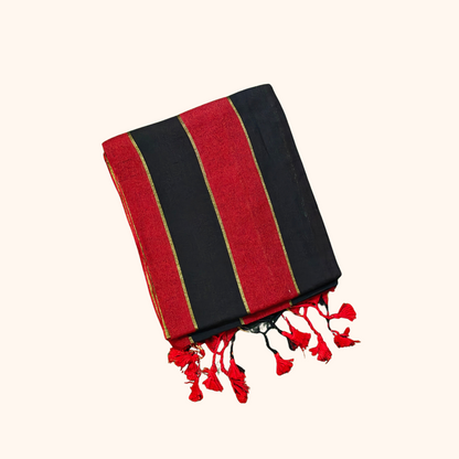 Mulmul Cotton Saree in Classic Black & Red Stripes with Tassel Pallu
