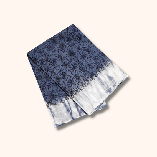 Blue Floral Printed Pure Cotton Saree with White Border