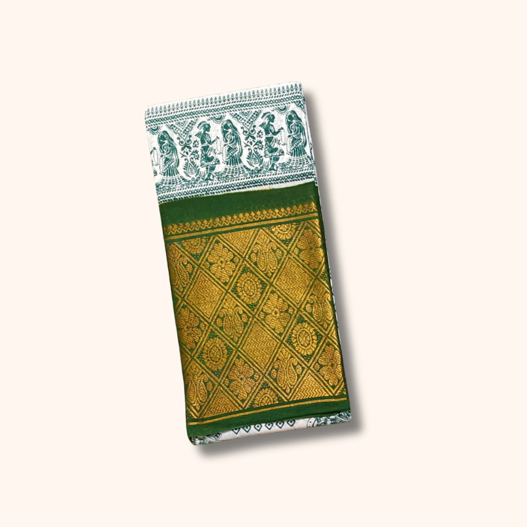 Classic White Cotton Saree with Ethnic Green Prints
