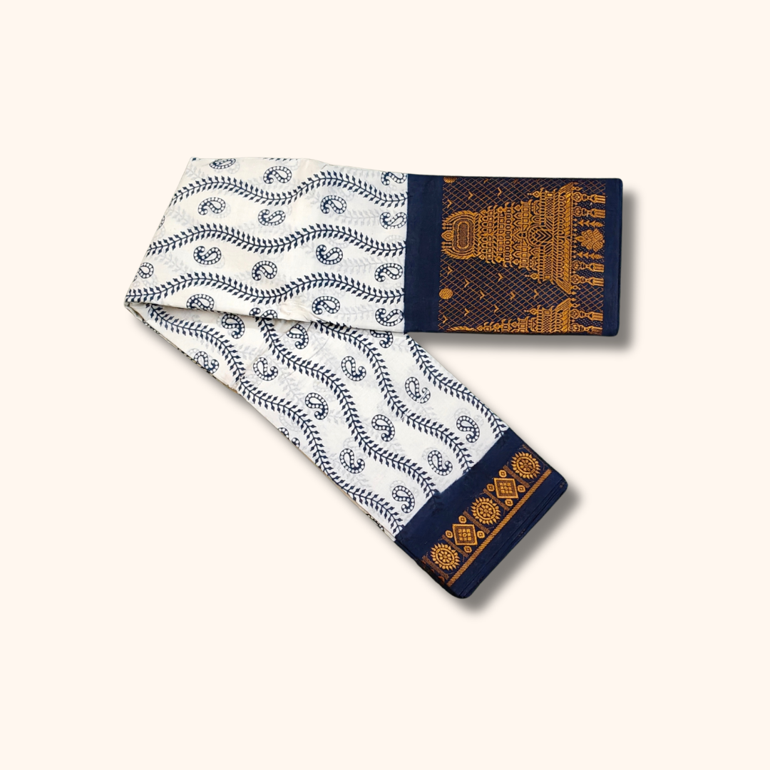 White Paisley Cotton Saree with Navy Blue Temple Zari Border