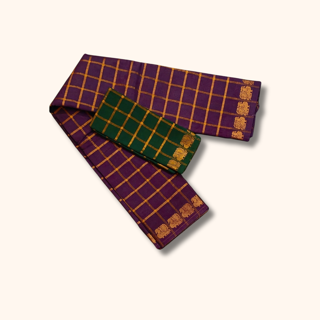 Pavithra Kattam Sungudi Cotton Saree – Dark Maroon with Gold Checks & Traditional Border