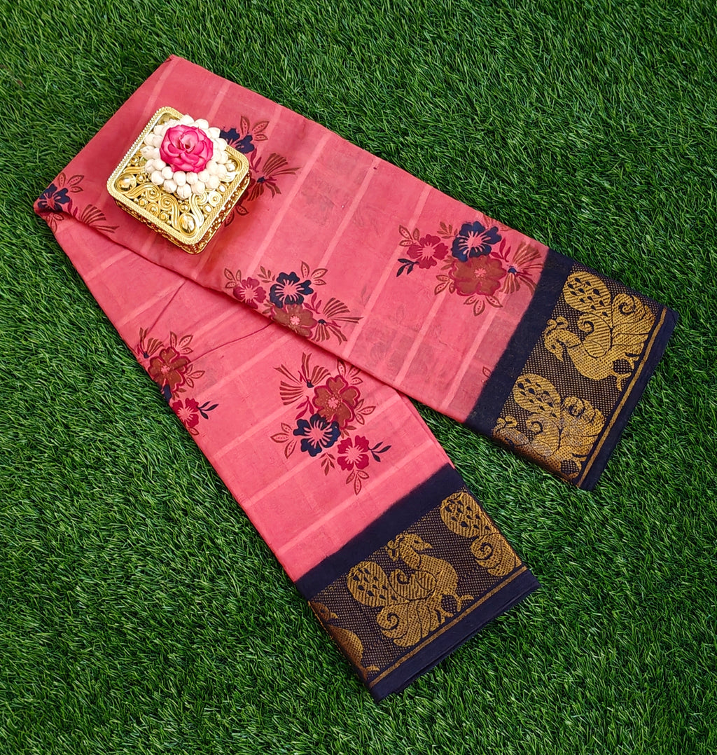 🌸 Elegant Pink Floral Cotton Saree with Rich Peacock Zari Border