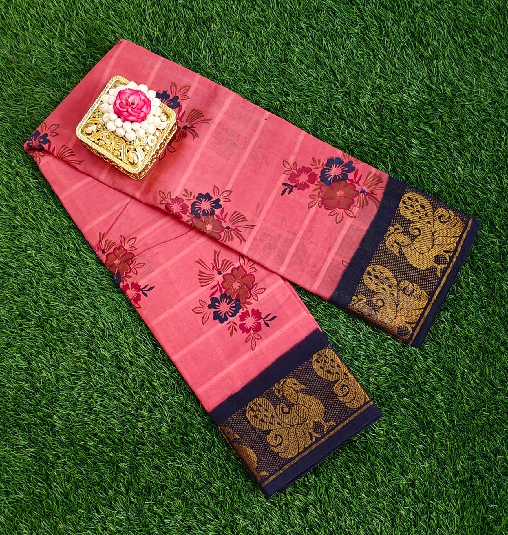 🌸 Elegant Pink Floral Cotton Saree with Rich Peacock Zari Border