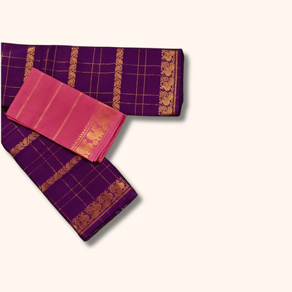 Purple Pure Sungudi Cotton Saree with Gold Zari Checks & Pink Blouse Piece