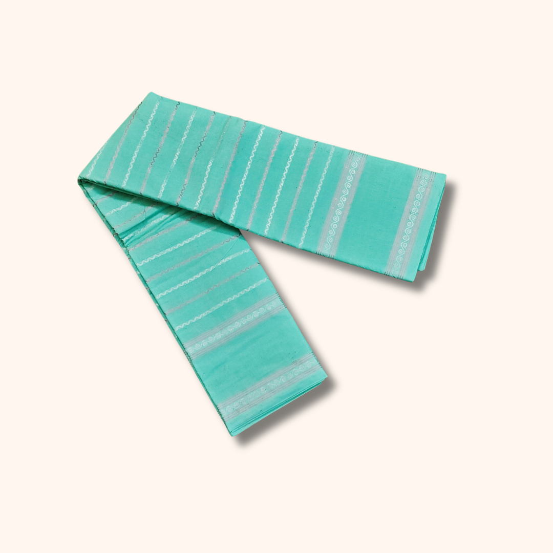 Mint Green Cotton Saree with White Stripe Design – Running Blouse