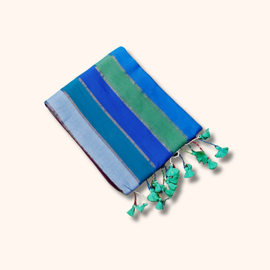 Mulmul Cotton Saree in Ocean Blue Multi-Stripe Design with Tassel Pallu