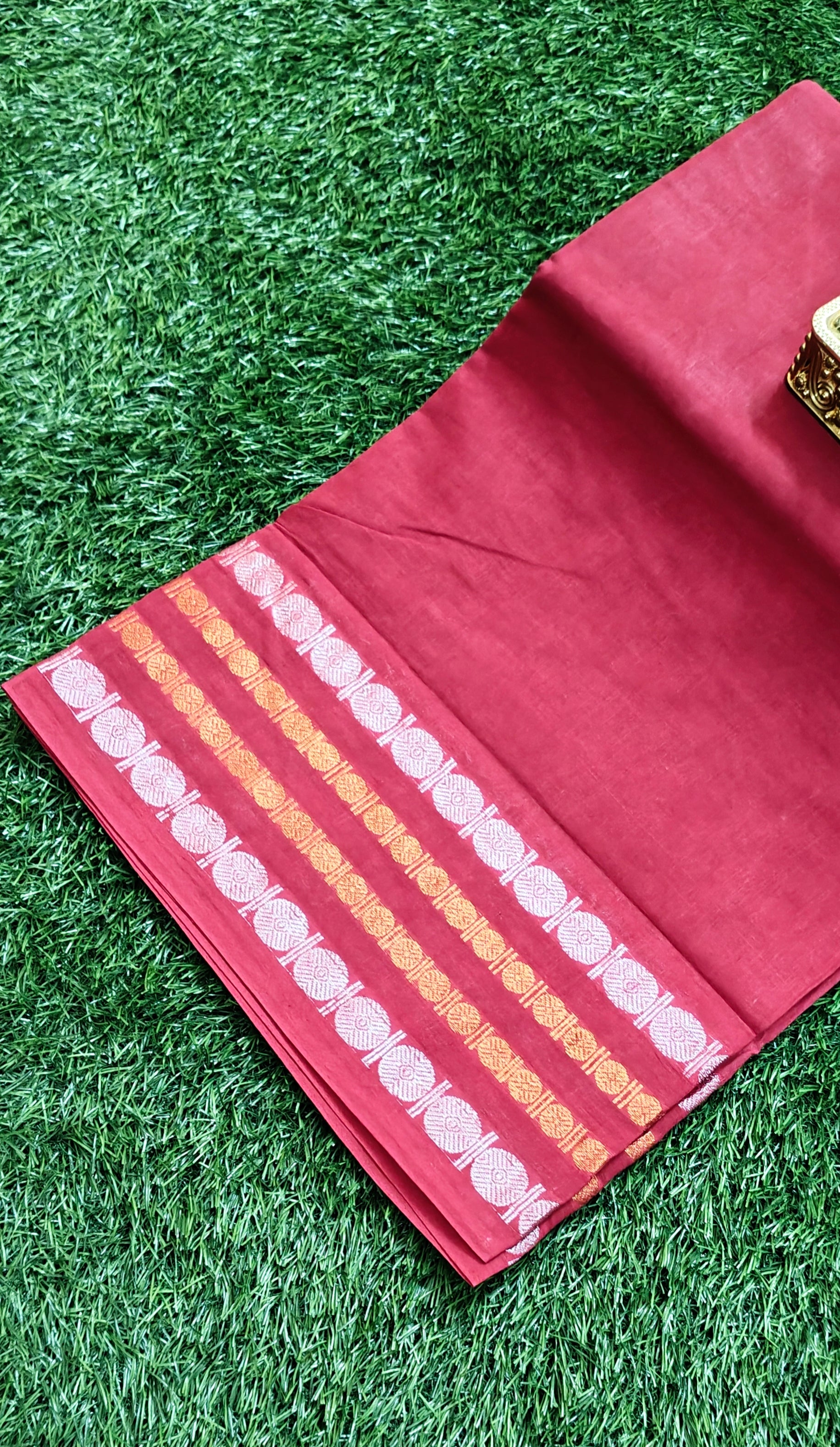 Brick Red Sungudi Cotton Saree with Silver & Gold Striped Border