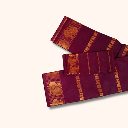 Dark Maroon Cotton Saree with Gold Zari Stripes & Peacock Border – Separate Blouse Piece
