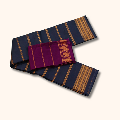 Navy Blue Cotton Sungudi Saree with Magenta Contrast Blouse – Traditional Cotton Saree