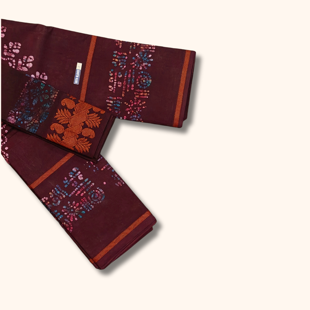 Maroon Batik Cotton Saree with Separate Blouse Piece