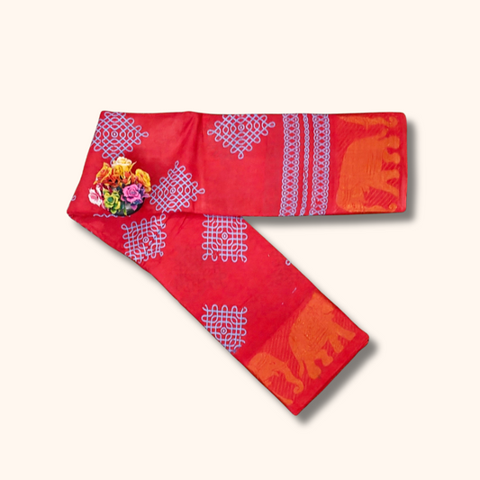 Authentic Red Kolam Sungudi Cotton Saree with Elephant Zari Border