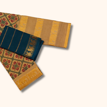 Beige Floral Printed Pure Cotton Saree with Blue Contrast Blouse