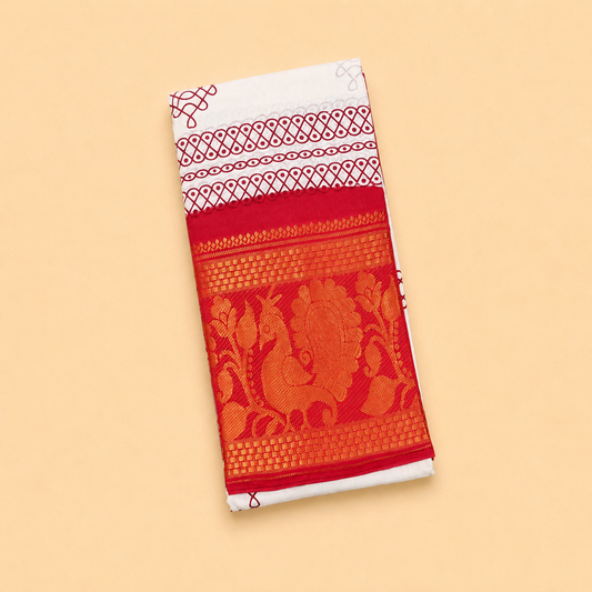 Attractive White Printed Cotton Saree with Bright Red Designer Border