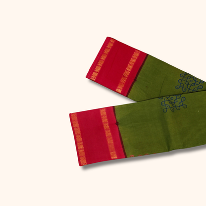 Olive Green Sungudi Cotton Saree with Pink Border