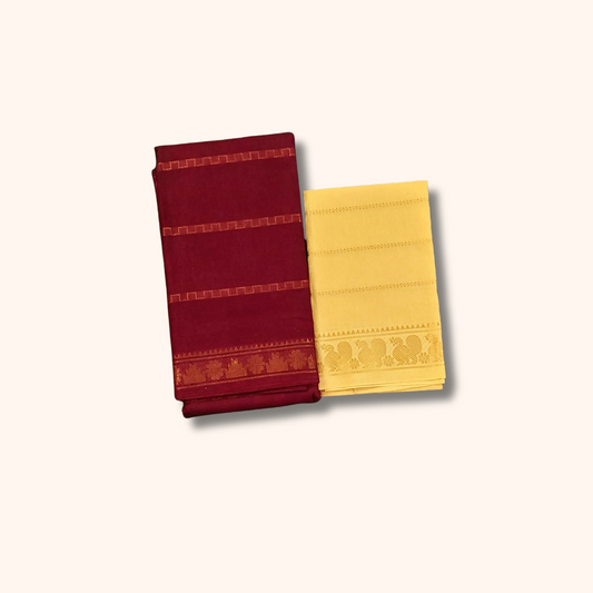 Maroon Cotton Saree with Cream Contrast Blouse & Elephant Zari Border