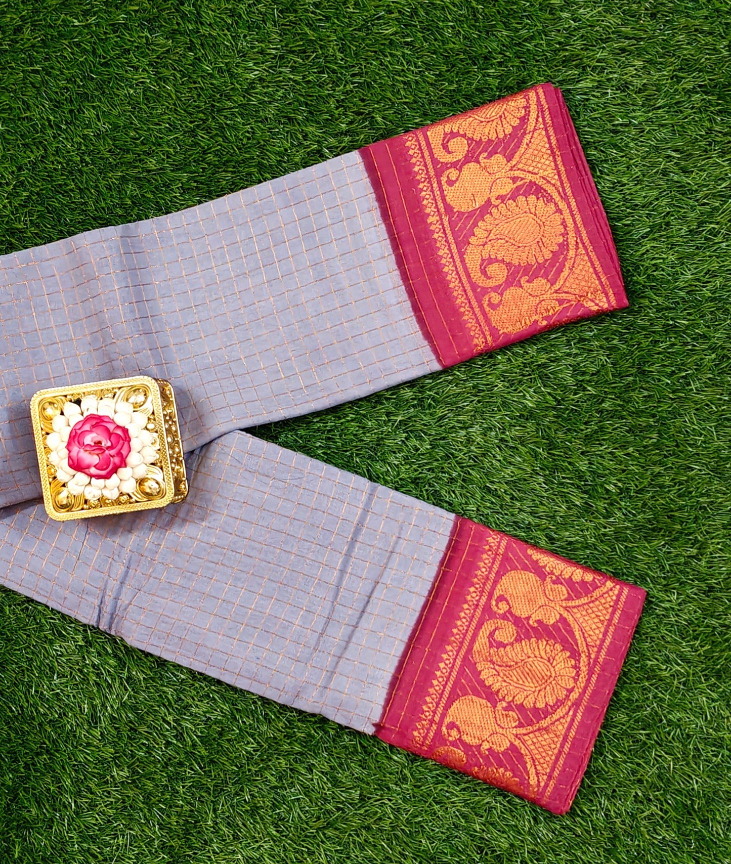 Grey with Maroon Zari Border Subgudi Checked Cotton Sarees