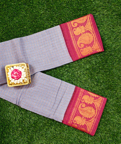 Grey with Maroon Zari Border Subgudi Checked Cotton Sarees