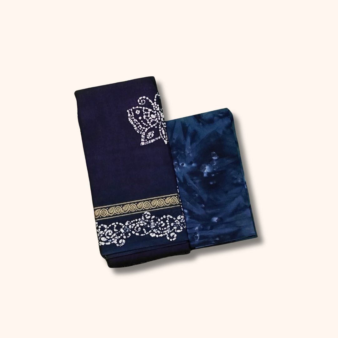 Navy Blue Batik Cotton Saree with Traditional Border