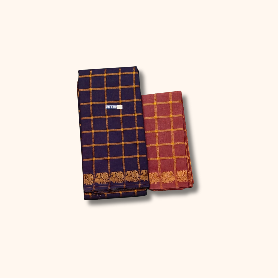 Pavithra Kattam Sungudi Cotton Saree – Navy Blue with Gold Checks & Traditional Motif Border