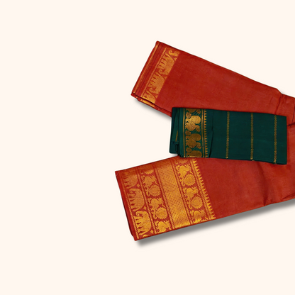 Terracotta Red Pure Cotton Saree with Dark Teal Contrast Blouse