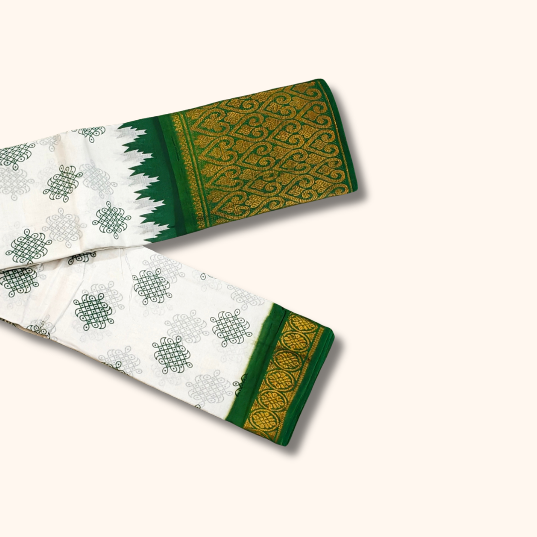 White Sungudi Cotton Saree with Green and Gold Zari Traditional Border – No Blouse Included