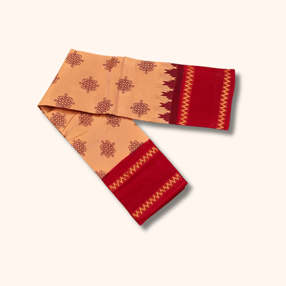 Peach Cotton Saree with Maroon Temple Border – Running Blouse