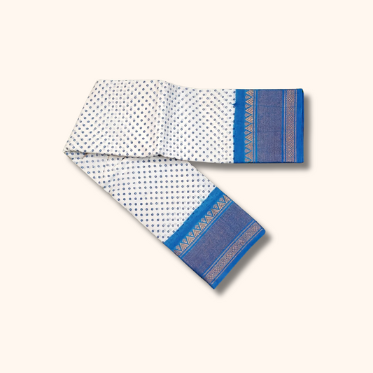Off White Sungudi Cotton Saree with Sky Blue Border