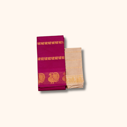 Magenta Pink Cotton Saree with Gold Zari Stripes & Peacock Border – Separate Blouse Piece