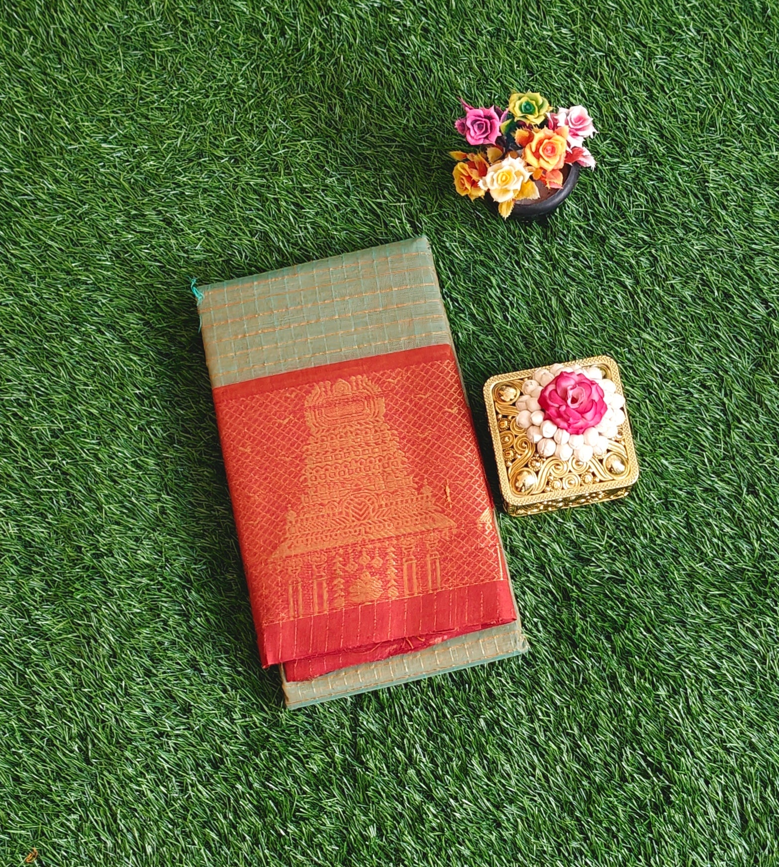 Chettinad Cotton Saree with Meenakshi Gopuram Border – Green Checks with Red Temple Border