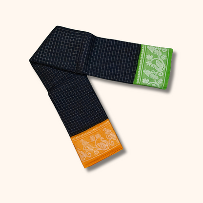 Black Chettinad Cotton Saree with Ganga Jamuna Contrast Border