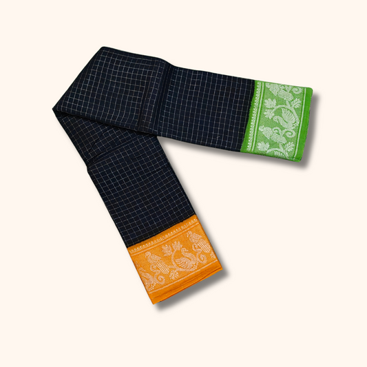 Black Chettinad Cotton Saree with Ganga Jamuna Contrast Border