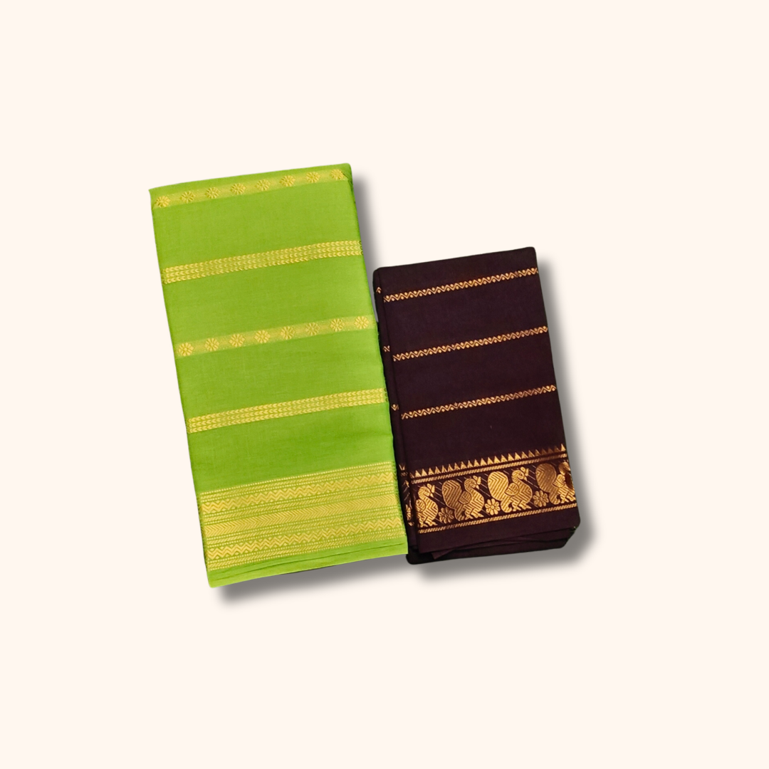 Parrot Green Sungudi Cotton Saree with Contrast Chocolate Brown Blouse