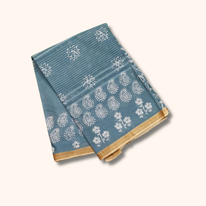 Dusty Blue Pure Cotton Saree with Floral Print & Gold Zari Border – Separate Blouse