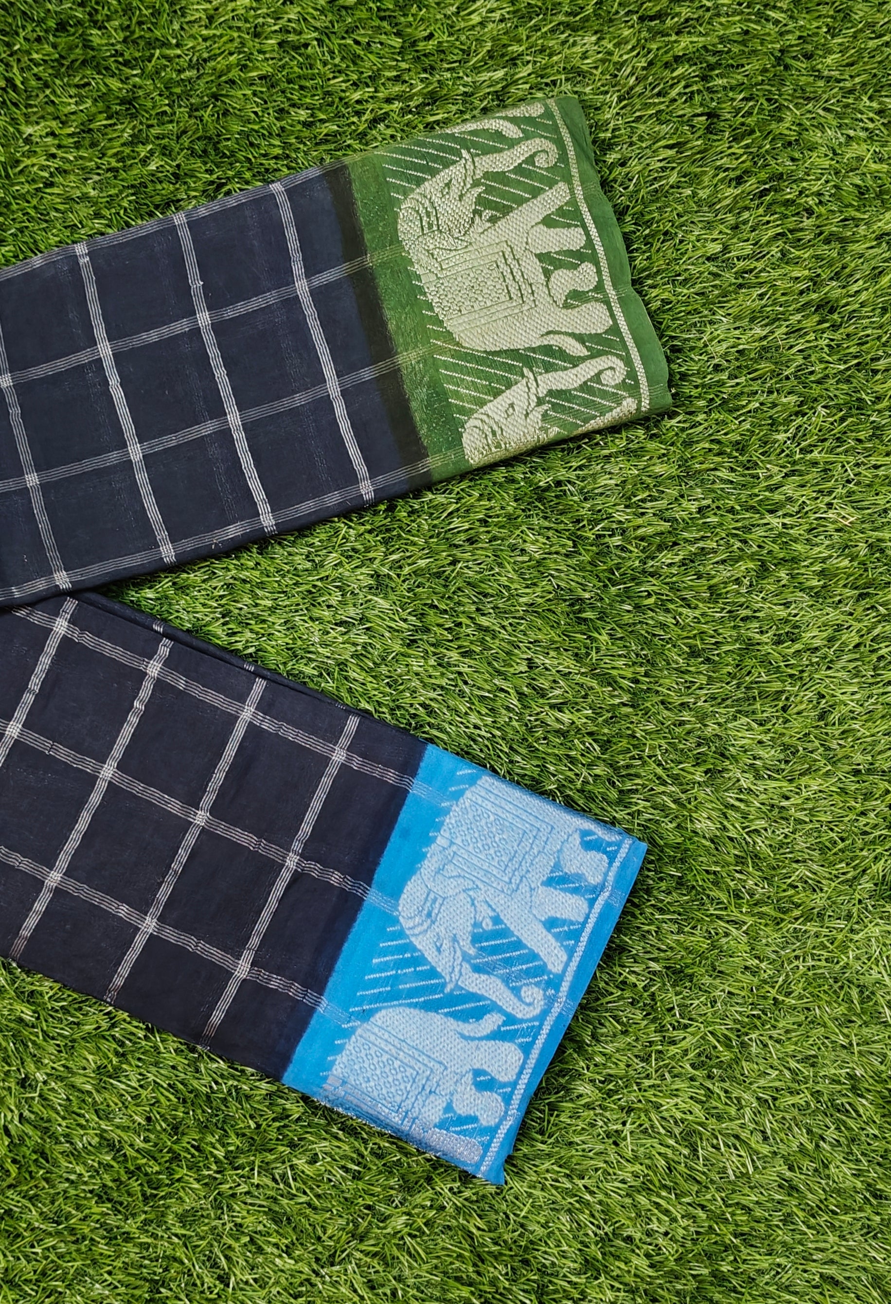 Beautiful Navy Blue Sungudi Cotton Saree with Checked Pattern & Elephant Border