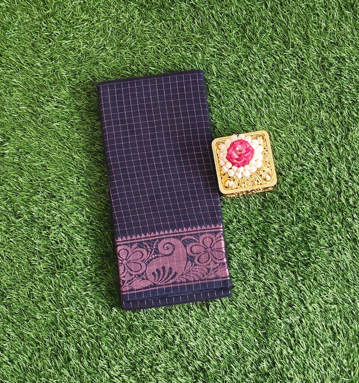 Navy Blue Cotton Saree with Checks Pattern & Copper Zari Border