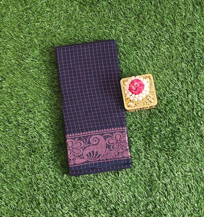 Navy Blue Cotton Saree with Checks Pattern & Copper Zari Border