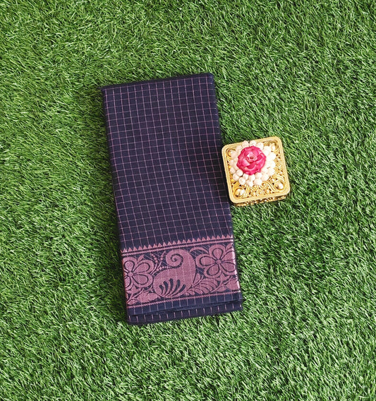 Navy Blue Cotton Saree with Checks Pattern & Copper Zari Border