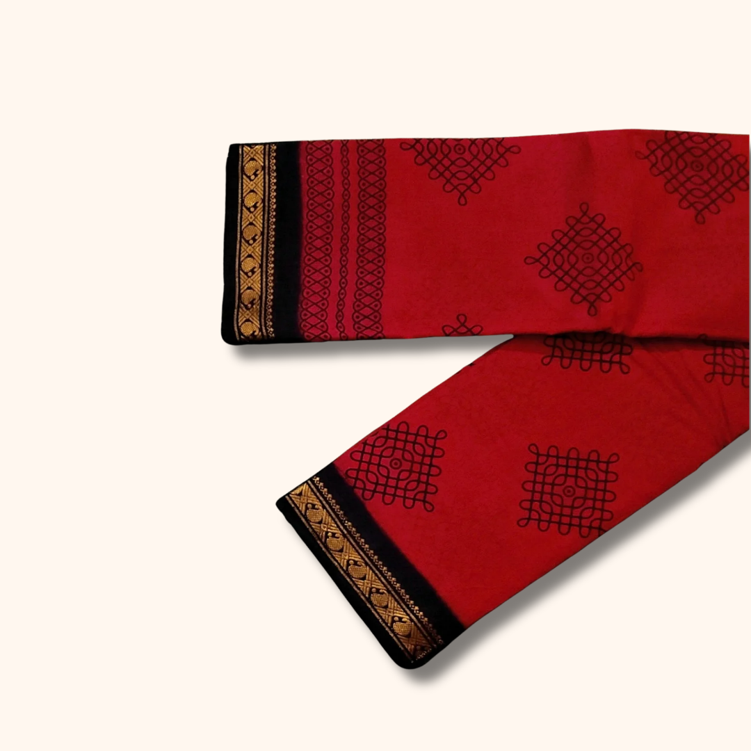 Red Kolam Cotton Saree with Black & Gold Zari Border – Running Blouse
