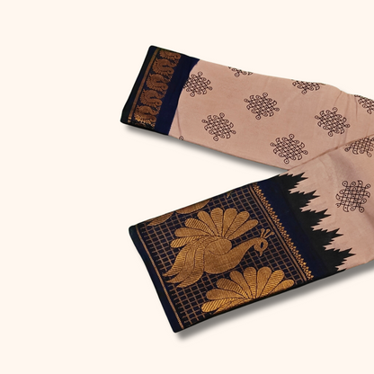 Rose Beige Sungudi Cotton Saree with Black Peacock Border