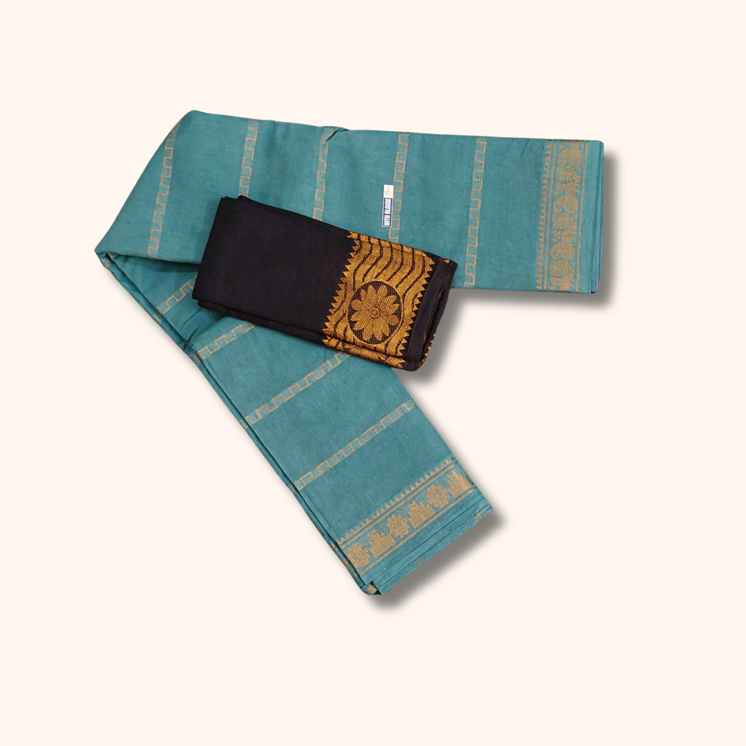Sea Green Sungudi Cotton Saree with Black Contrast Blouse Piece