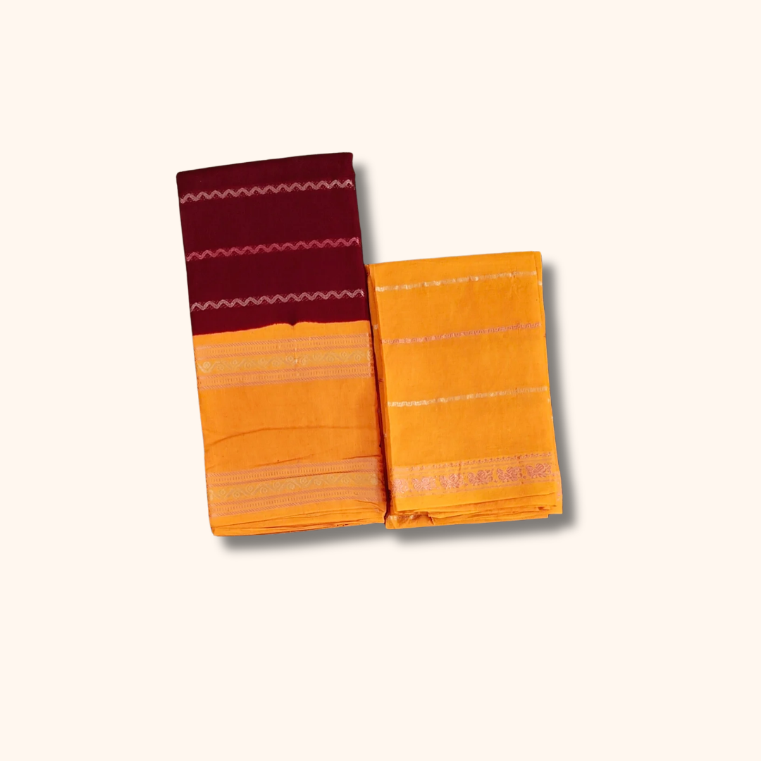 Mustard Yellow Sungudi Cotton Saree with Maroon Contrast Border