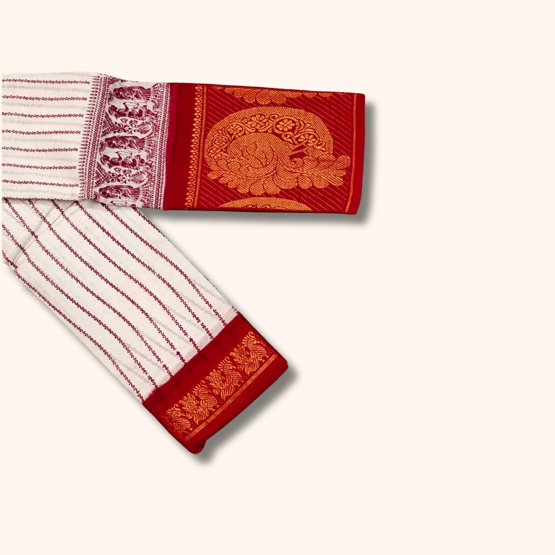 Off White Sungudi Cotton Saree with Red Peacock Border